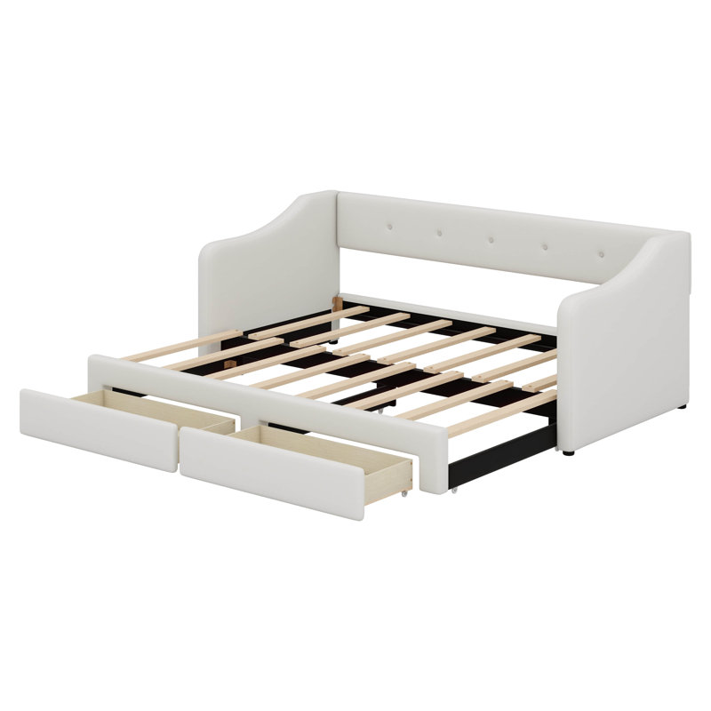 Twin XL To King Size Upholstered Daybed With Two Drawers, Linen Sofabed,No Box-Spring Needed, Beige