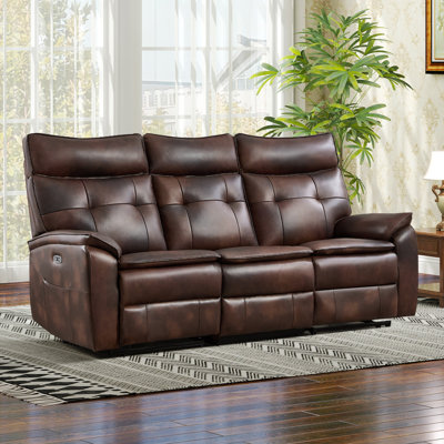 Canapé inclinable électrique classique en cuir pleine fleur de 216 cm de large avec port USB et poche de rangement latérale