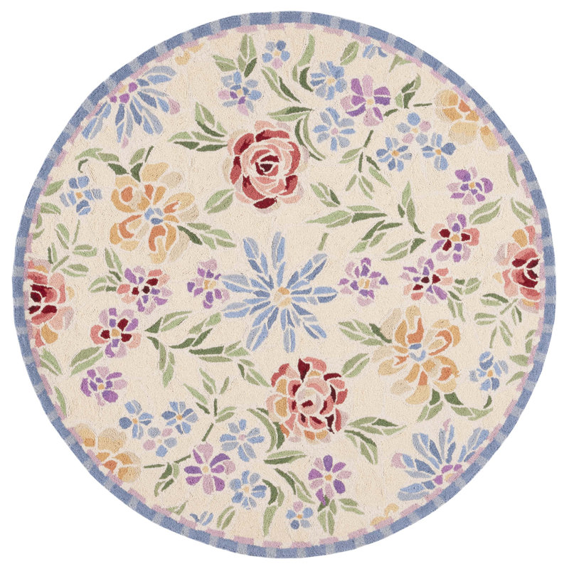 Papillon Hand Hooked Wool Pile Floral Rug, Round 3'