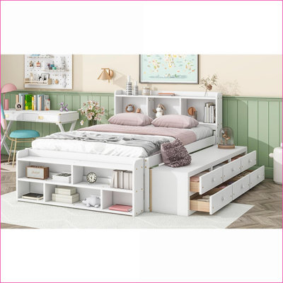 Full Size Solid Pine Wood Storage Platform Bed with Bookcase Headboard &amp; Drawers, No Box Spring Needed, White