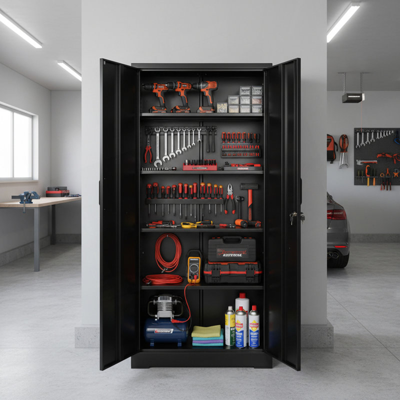 Armoire de rangement en métal robuste avec 4 tablettes réglables et portes verrouillables, idéale pour le garage, la buanderie, le bureau et l'entrepôt