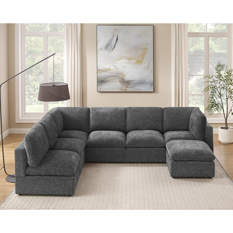 7-Piece Upholstered Sectional, Modular Sofa, Gray Polyester