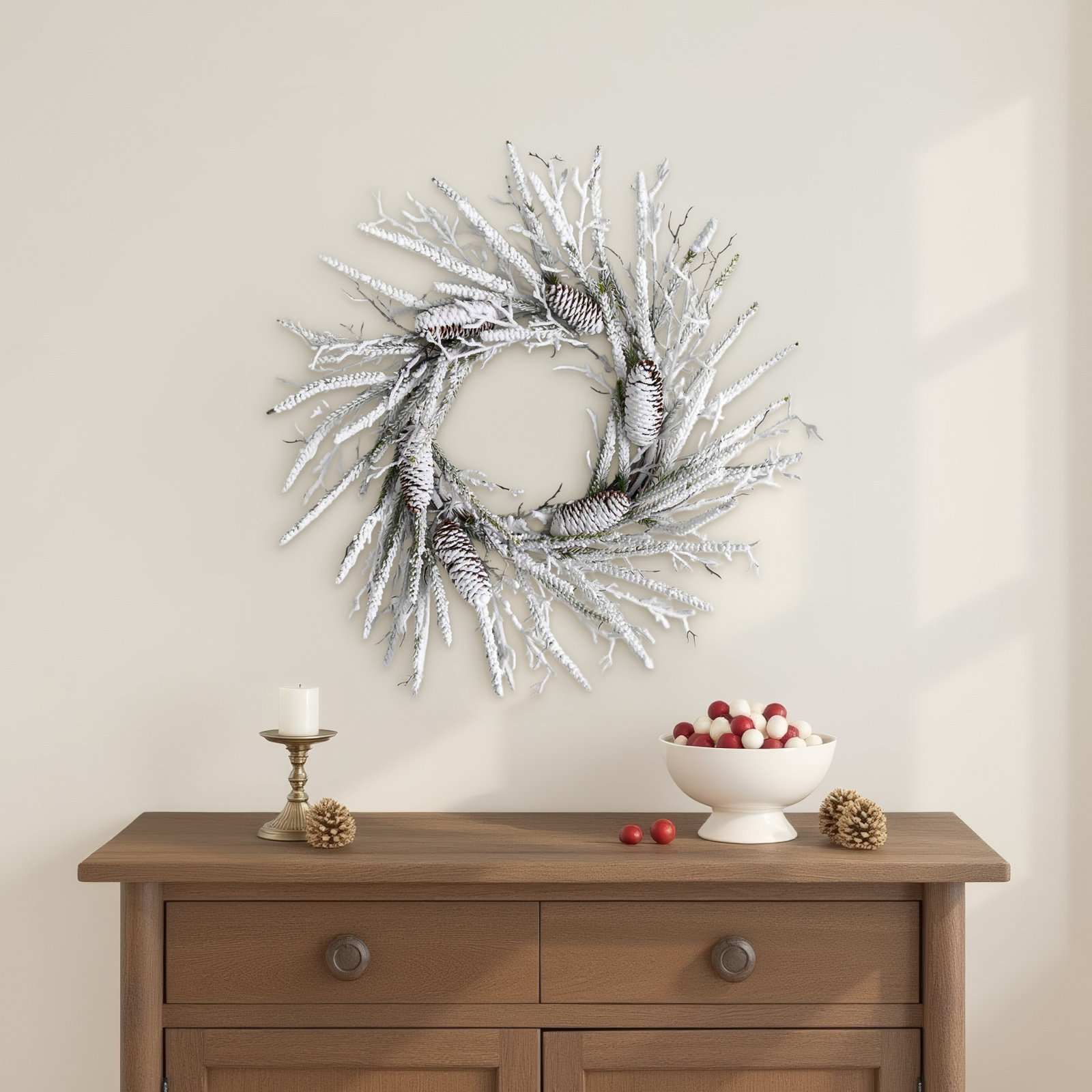 24" Artificial Flocked Pine Twig Christmas Wreath, White