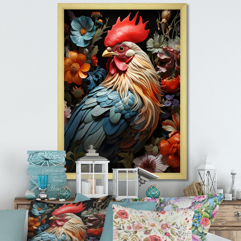 Art mural moderne coq moderne IV - Poulet, Cadre doré simple, H 20 po x l 12 po x P 1 po
