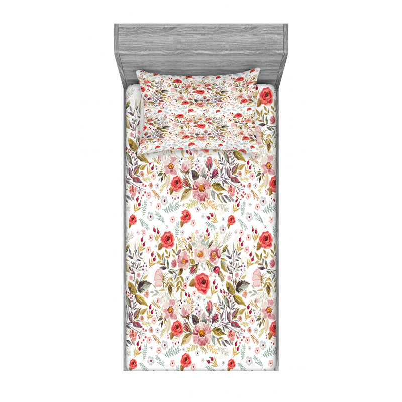 Microfiber Floral Sheet Set, Twin XL Sheet Set + Fitted Sheet + 1 Pillowcase, White/Red/Green Floral