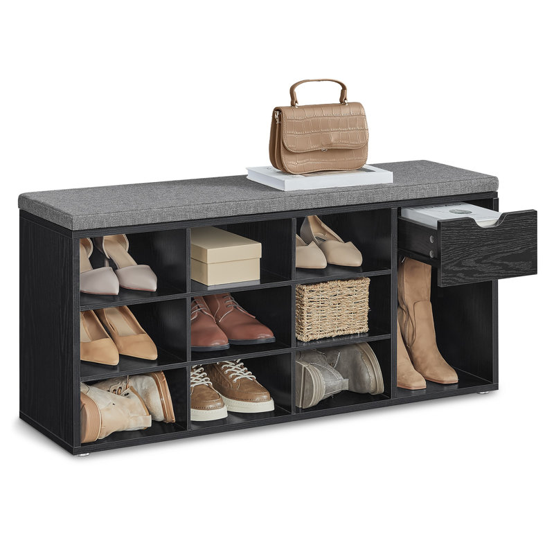 Banc de rangement pour 10 paires de chaussures avec tiroir, Noir ébène / gris ardoise