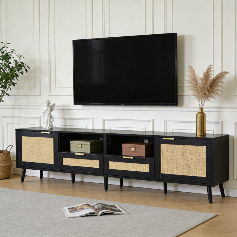 Modern Farmhouse TV Stand For Tvs Up To 85" With Rattan Accents, Media Console With 2 Cabinets & Open Shelves, Solid Wood Leg Entertainment Center For Living Room