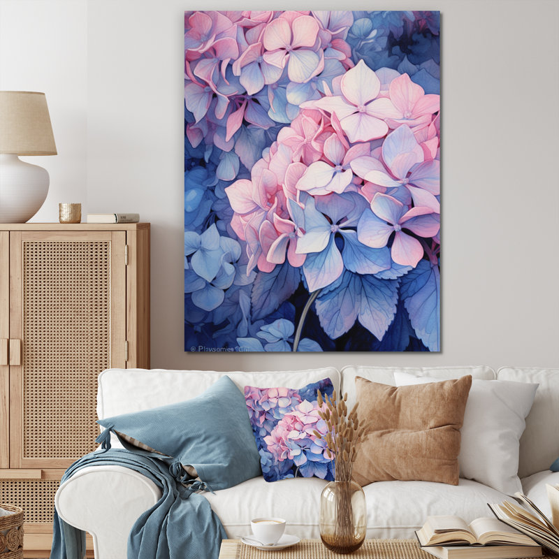 Fleurs d'hortensia roses et bleues sur toile, Toile tendue, H 32 po x l 16 po x P 1 po