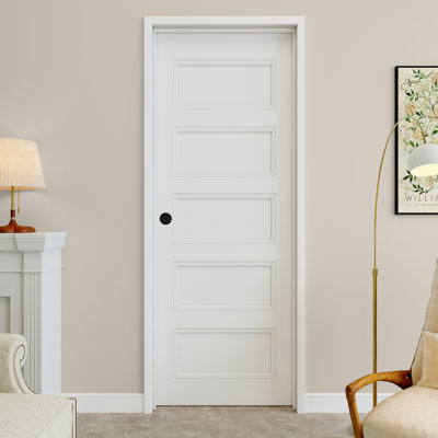 30" x 80" 5-Panel Solid Core Interior Prehung Door with Curve Lever and Black Hinges and Right Frame, Paintable & Waterproof, Suit for Laundry, Closet Doors, Room Doors
