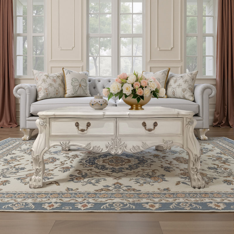 Table basse 2 tiroirs avec pattes Adison, blanc os Adison