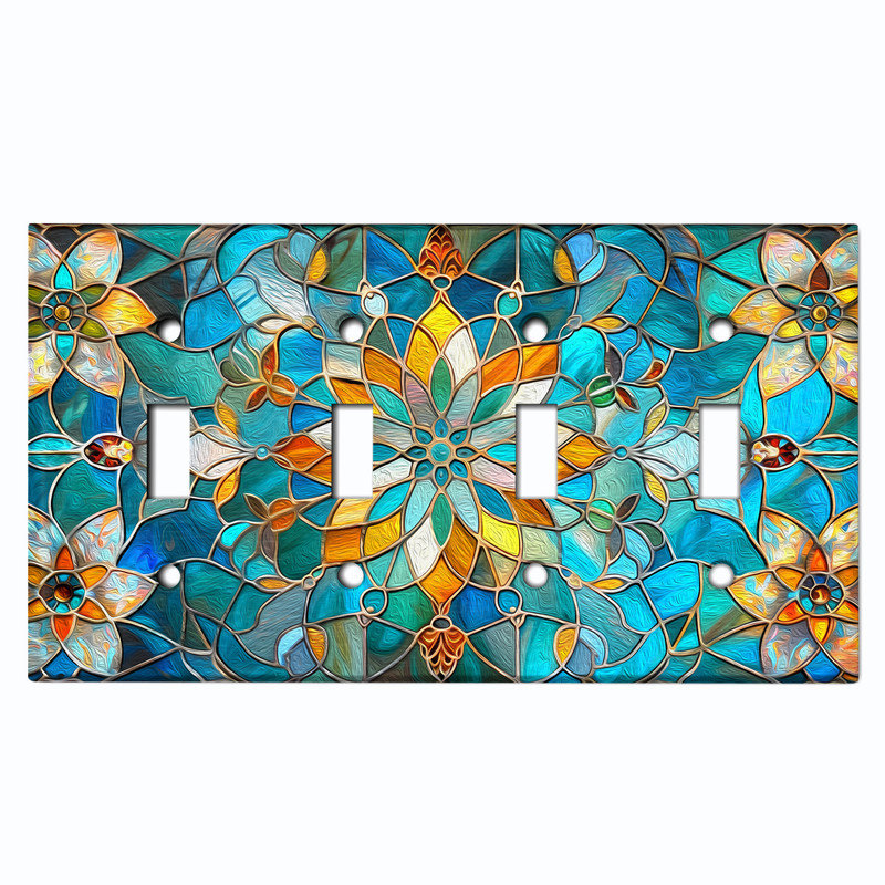Plaque d'interrupteur en métal ; interrupteur à bascule 4 voies, taille standard américaine ; motif mandala en mosaïque de vitrail imprimé