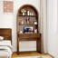 Bureau d'ordinateur arqué avec huche, poste de travail de bureau à domicile de H 75 po avec tablettes ouvertes réglables et portes coulissantes cannelées, table d'écriture pour chambre à coucher