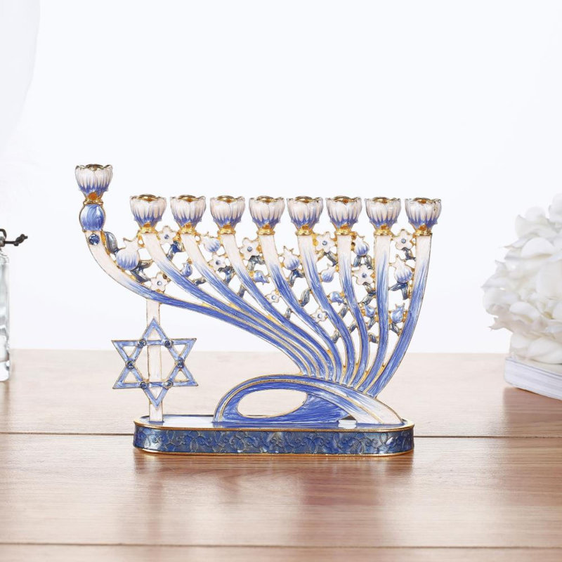 Ensemble de fête juive - candélabre en émail bleu peint à la main avec écoulement moderne et conception de l'étoile de David et cadeau de Hanoukka tournant par Matashi
