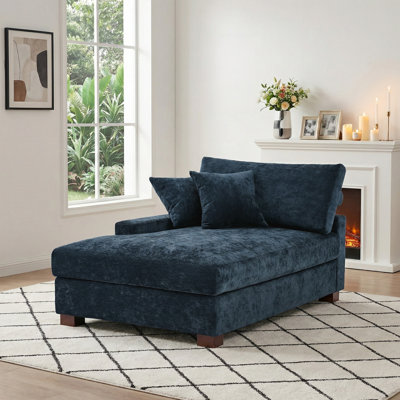 Oversized Upholstered Blue Chenille Chaise Lounge with Armrests & Throw Pillows