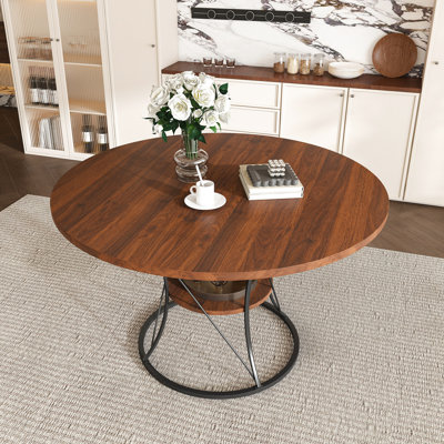 43 - 59 Inch Extendable Round Dining Table, Walnut Veneer, Black Metal Frame, Expandable Kitchen Storage Shelf, Artsy Style, Floor Mounted 4 6 Seating