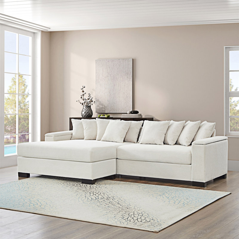 Canapé modulaire rembourré avec méridienne convertible, Velours côtelé beige
