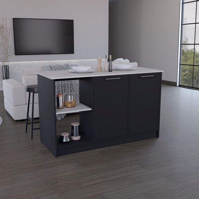 Îlot de cuisine avec grand comptoir, tablettes de rangement ouvertes et armoire à deux portes, Noir/gris