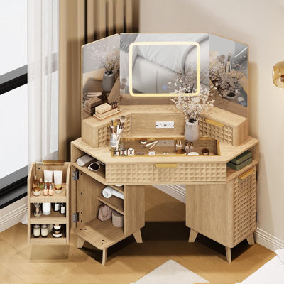 Vanity - Corner Vanity Desk, Vanity Mirror With Lights, 47.24" 3-way Mirror Makeup Vanity With Power Strip For Bedroom