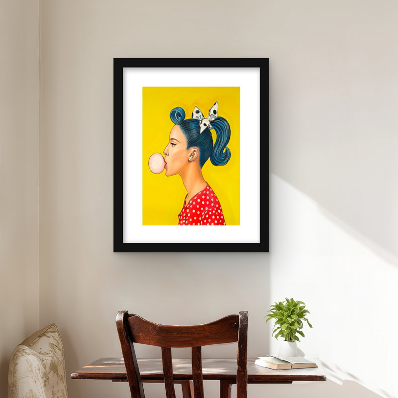 Femme rétro avec une belle queue de cheval - reproduction d'art encadrée, H 20 po x l 16 po