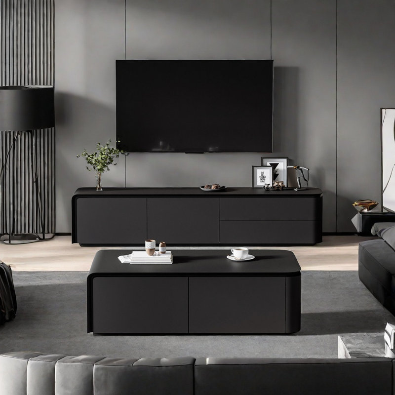 Meuble télé ouvert avec table basse et grand rangement, Noir, noir, noir, noir