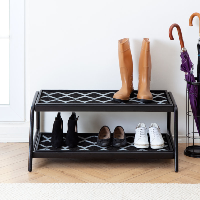Premium Solid Wood Boot Tray Stand with Natural Coir Mat - Entryway & Mudroom Shoe Organizer, Black, Tier 2, 22" W x 36.5" L