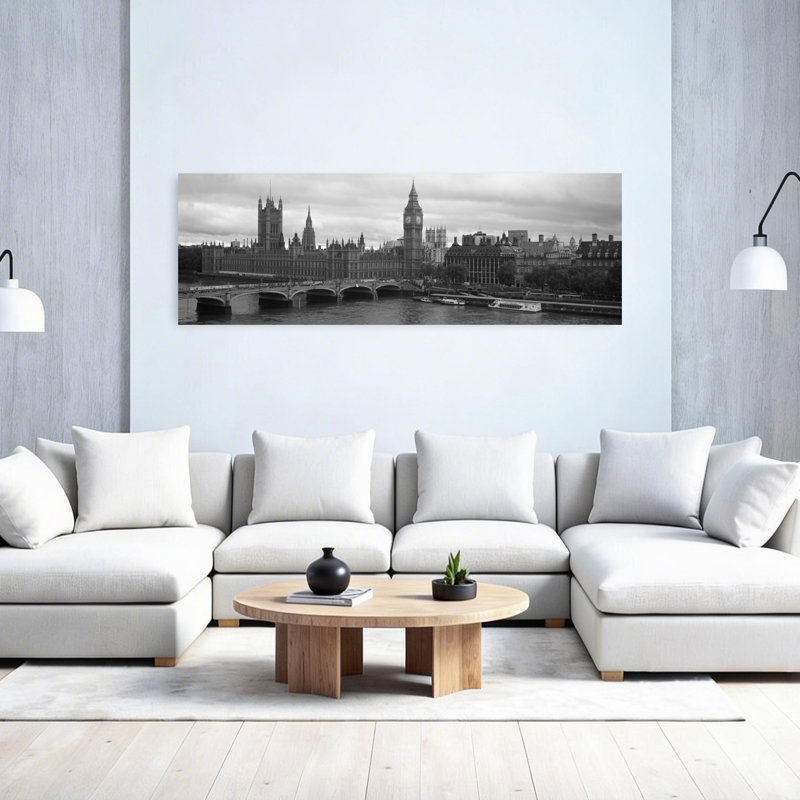 Bridge across a river Westminster Bridge Big Ben Houses of Parliament City Of Westminster London England 1 Piece Wrapped Canvas Panoramic Wall Art