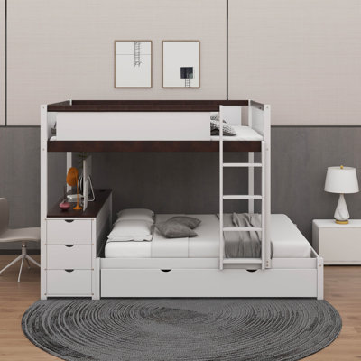 Lit double superposé double avec lit gigogne simple, bureau sous le lit et tiroirs de rangement, aucun sommier nécessaire