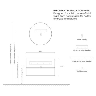 36 Inch Wall-Mounted Single Bathroom Vanity with Solid Surface Top with Overflow, Pre-Assembled