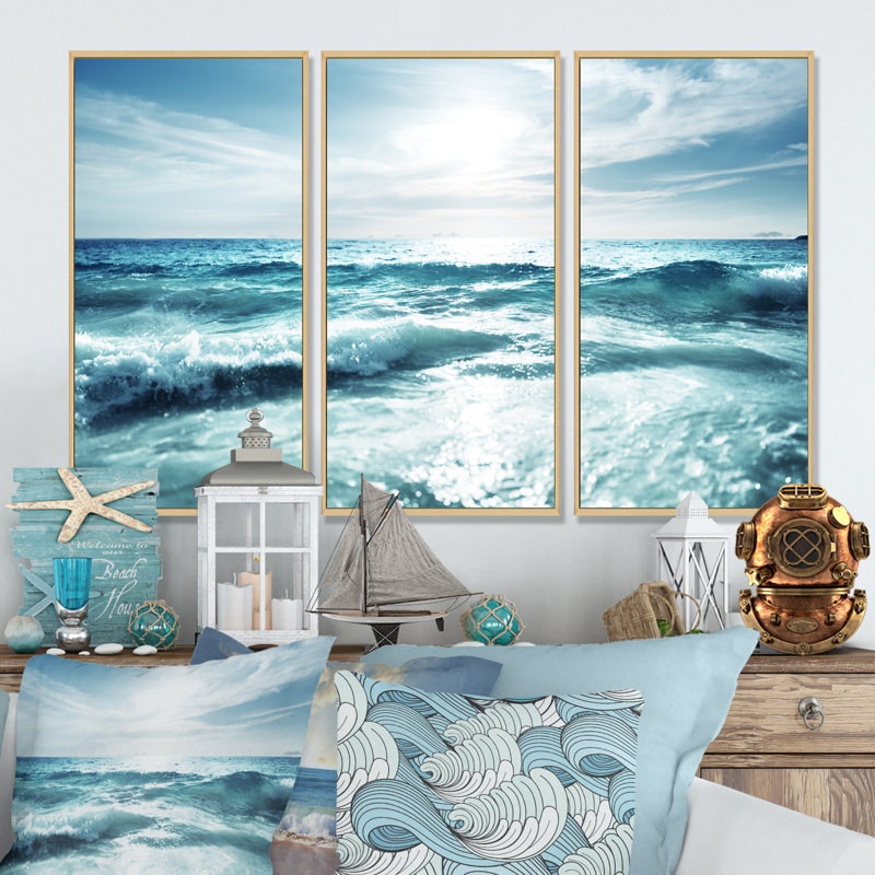 Seychelles Beach At Sunset - Sea & Shore, ensemble de 3 toiles murales encadrées, H 32 po x l 48 po, Cadre brun
