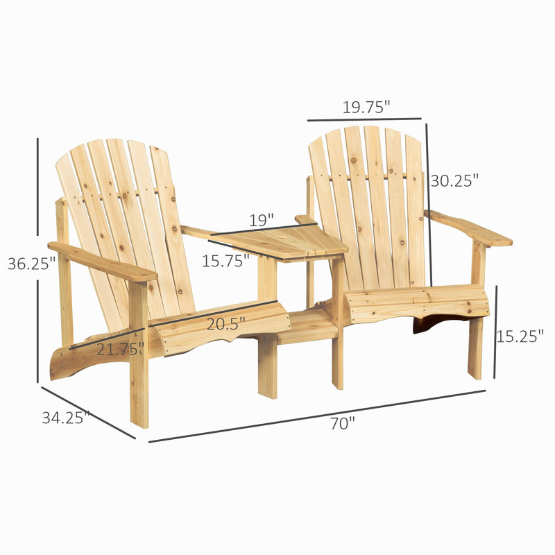 Outsunny Wooden Adirondack Chair For Two, Outdoor Fire Pit Chair Set With Table & Umbrella Hole, Patio Chairs For Deck Lawn Pool Backyard, Natural