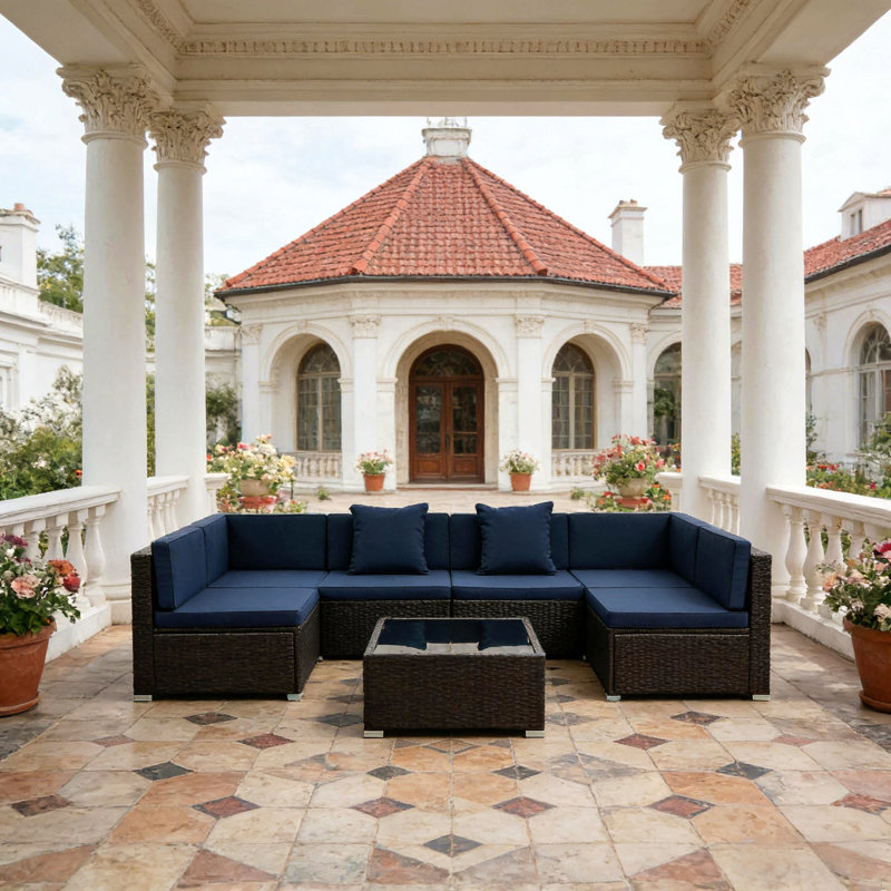 Outdoor Conversation Sofa Set,Garden Rattan Furniture Set,7-Piece Outdoor Wicker Sofa Set, Navy, Brown