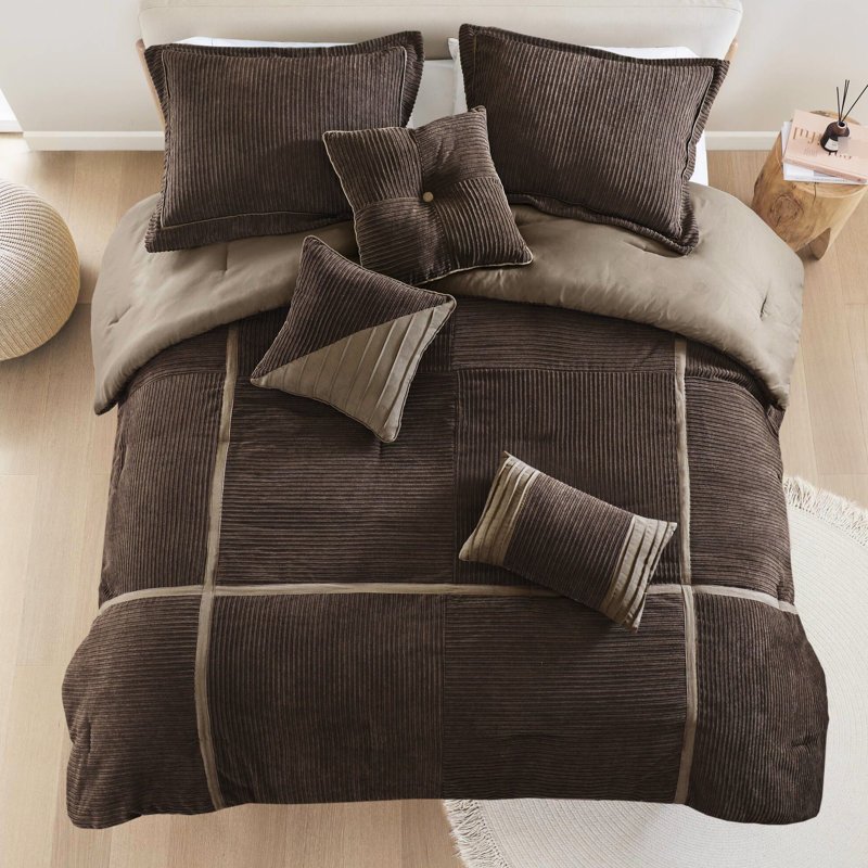 Édredon 7 pièces en velours côtelé très grand - brun, design élégant, 1 édredon, 2 taies décoratives, 3 coussins décoratifs, brun tendance pour le lit, décor