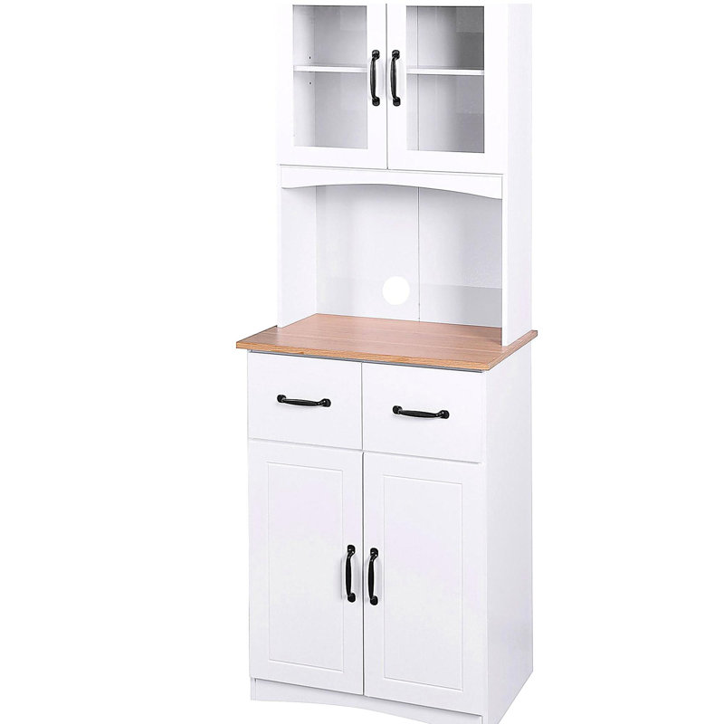 Armoire de cuisine en bois avec garde-manger et micro-ondes avec portes en verre encadrées et tiroir
