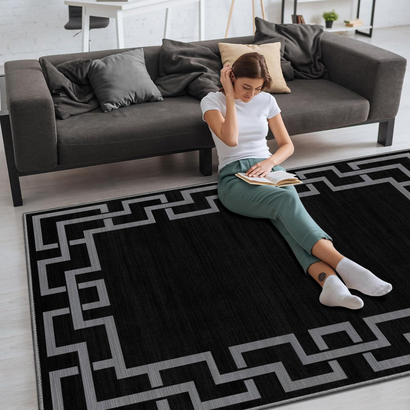 Nico Black Modern Printed Area Rug - Bold Black with Geometric Grey Frame, Rectangle 80 x 150 cm
