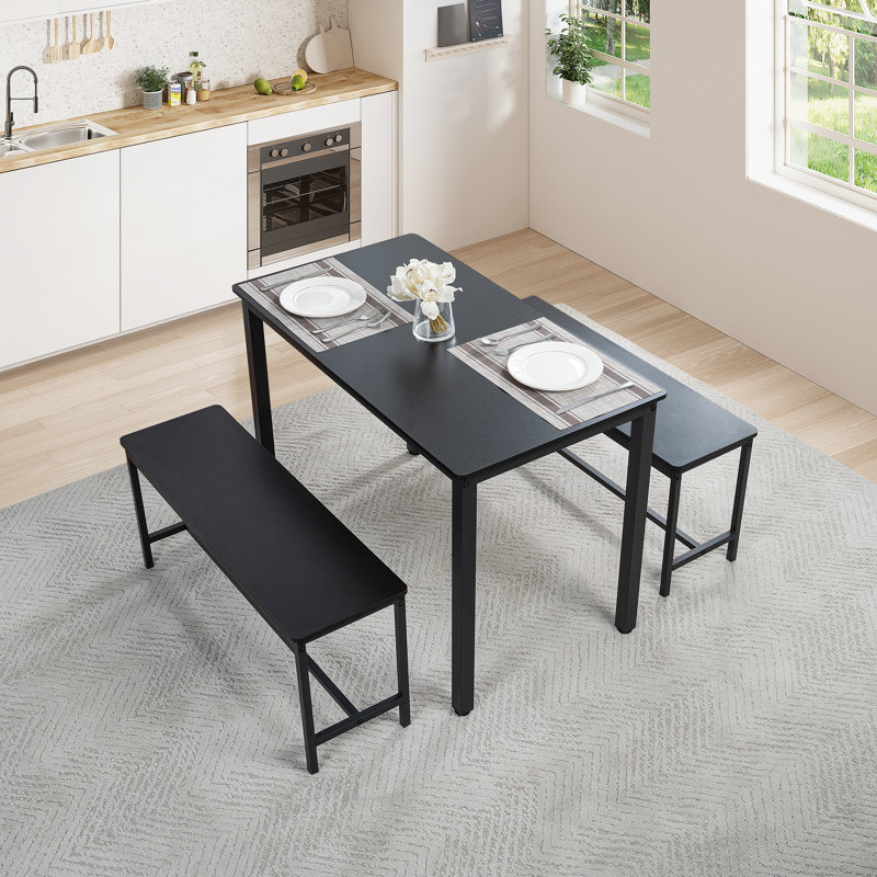 3-Piece Dining Table Set with 2 Benches – Compact Kitchen Table with Space-Saving Slide-Under Seating, Gray Engineered Wood Top & Steel Frame, Ideal for Apartments & Small Spaces