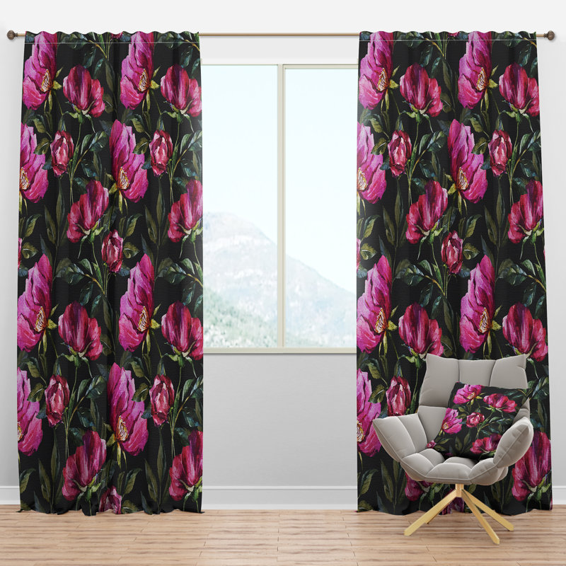 Purple Flowers on Dark - Abstract Curtain - Velvet Room darkening - 1 panel, 52"W x 120"L