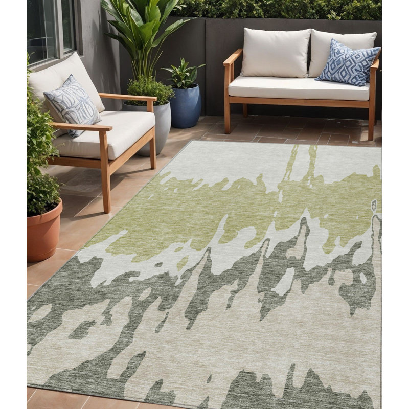 Tapis d'extérieur lavable abstrait 5 pi x 8 pi sauge et ivoire