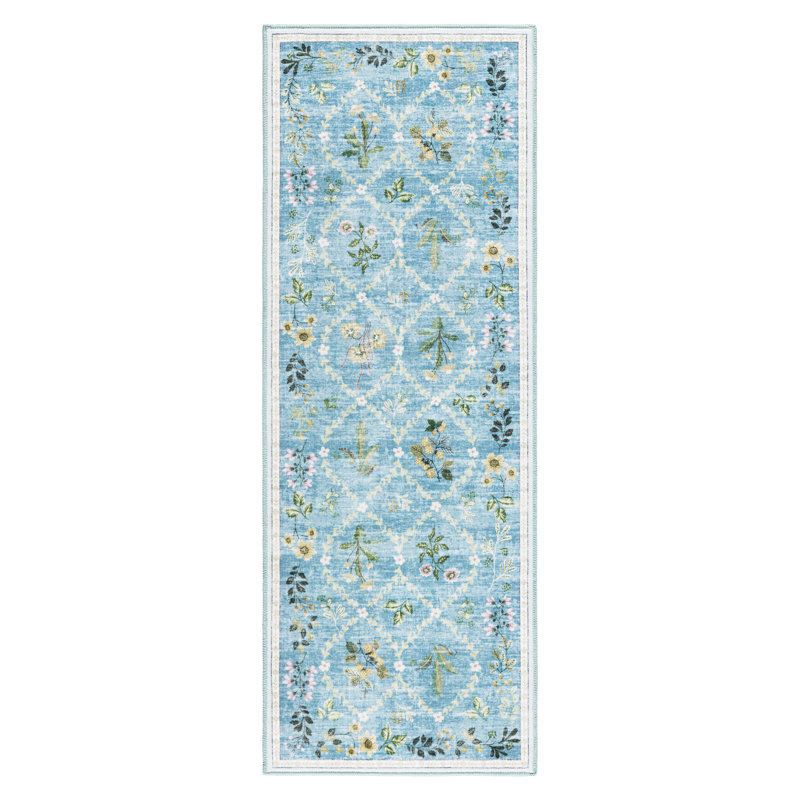 EVERWASH Haven Floral Trellis Machine Washable Area Rug with AirFlo Technology, Blue, 2'6"x7', Blue, 2 x 7