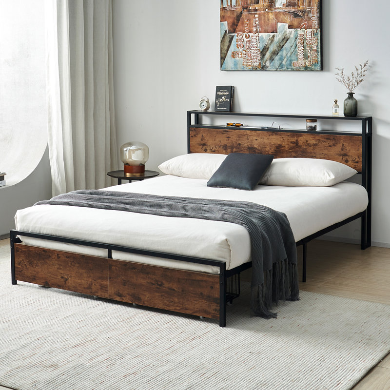 Bed Frame with 2 Drawers, Storage Headboard with Charging Station,Platform Bed, No Box Spring Neede, Queen