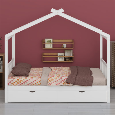 Lit plateforme House avec deux tiroirs, tête et pied de lit, toit
