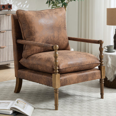 Chenille Accent Chair, Spindle Accent Chair with Upholstered Armrests, Farmhouse Accent Chair with Turned Wood