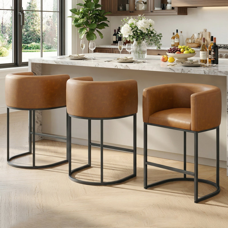Pu Leather Counter Stool Barrel Counter Height Stools Set of 3, Walnut