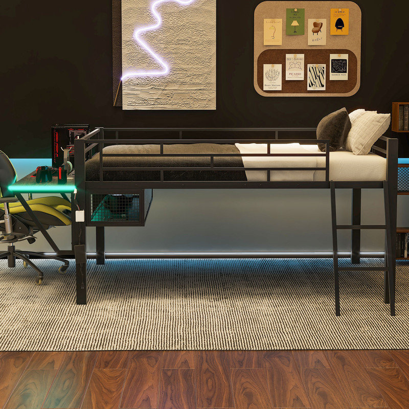 Full Size Gaming Loft Bed with Desk, LED and Shelf, Metal Bed Frame with Mesh Undercarriage Storage, Full