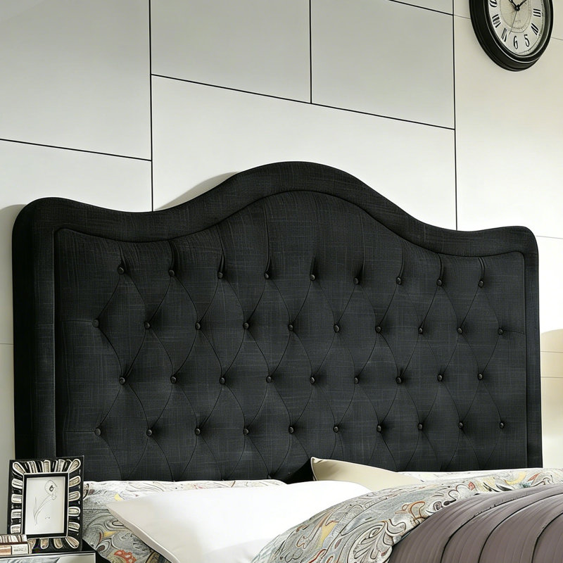 Tête de lit réglable avec revêtement en lin fin et capitonnage pour la chambre à coucher, Double, Noir