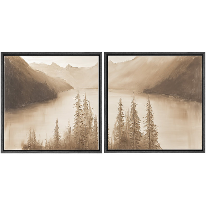 «Sepia Mountain Lake Pine Forest Landscape», reproduction d'art encadrée de la chambre principale, 2 pièces