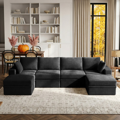 142"W U-Shaped Cloud Modular Sectional Sofa, Minimalist Corduroy Corner Sectional Couch, Extra Deep Seat with 2 Ottomans and Hidden Storage, Easy Mini Assembly, Ideal for Living Room