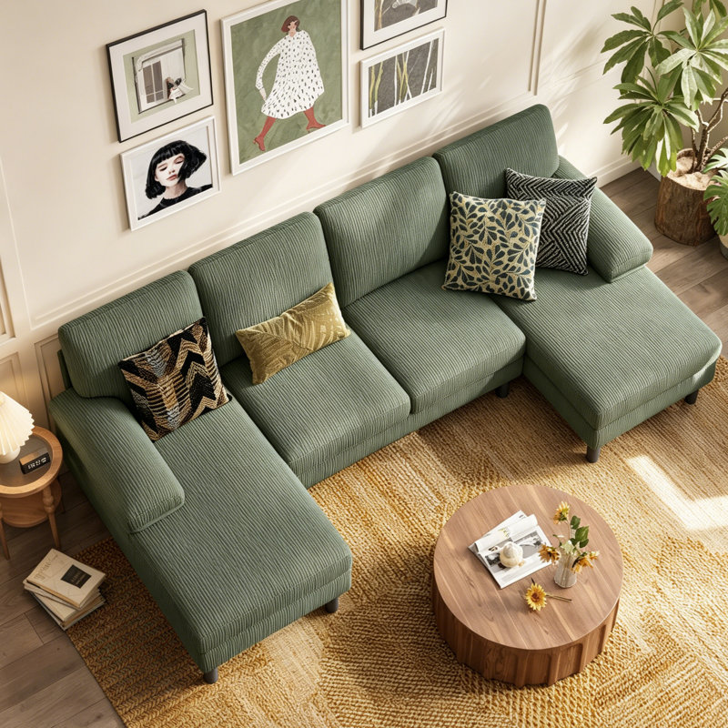 Trego 105'' Upholstered U-Shaped Symmetrical Sectional , Green Corduroy