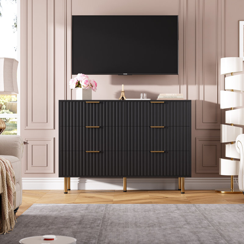 Commode de rangement cannelée à 6 tiroirs, Noir
