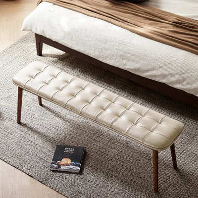 Banc en bois de chêne blanc et noyer, revêtement en cuir rembourré, éponge douce à l'intérieur, pour la salle à manger, le bout du lit ou le piano, 12,6 po de largeur, 17,46 po de hauteur, première couche rembourrée importée naturelle