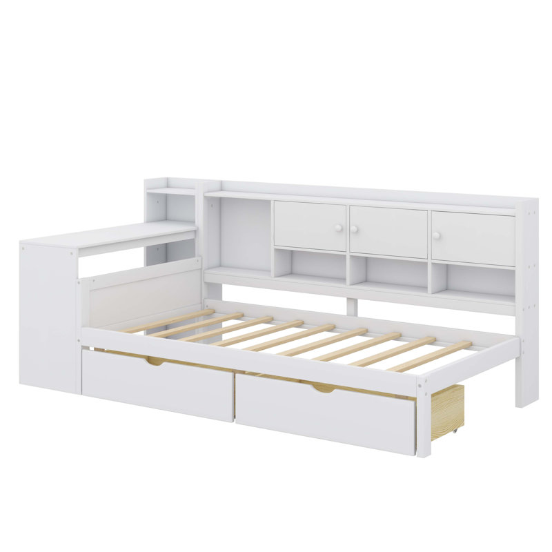 Lit de jour en L en bois avec sept armoires de rangement et deux tiroirs de rangement, lit multifonctionnel avec bureau d'étude